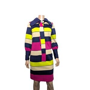 Vintage 70s Multi Colored Knit Dress Womens  Tie Neck Spread Collar Wimzee Jr